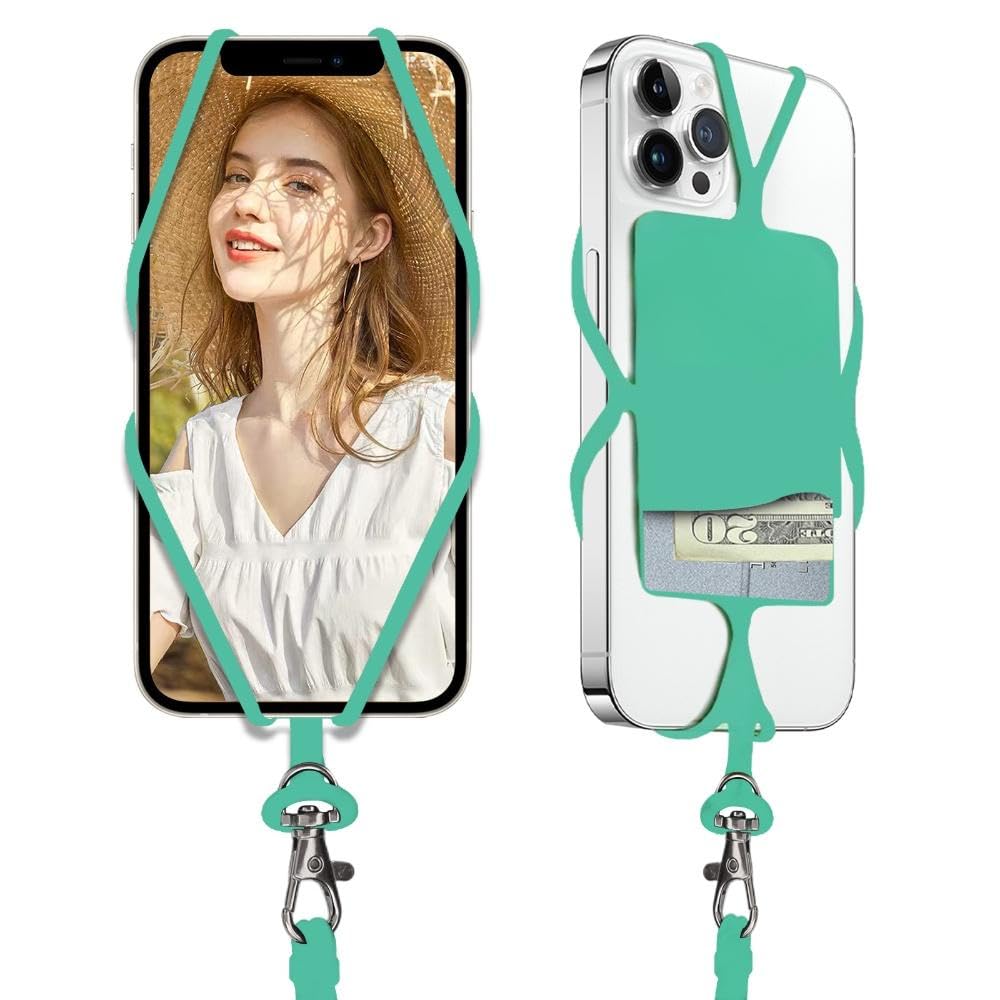 MOVASEE Cell Phone Lanyard Adjustable Neck Strap Neck Phone Holder with Card Pocket Silicone Cell Phone Lanyard Compatible with Most Smartphones(Green)
