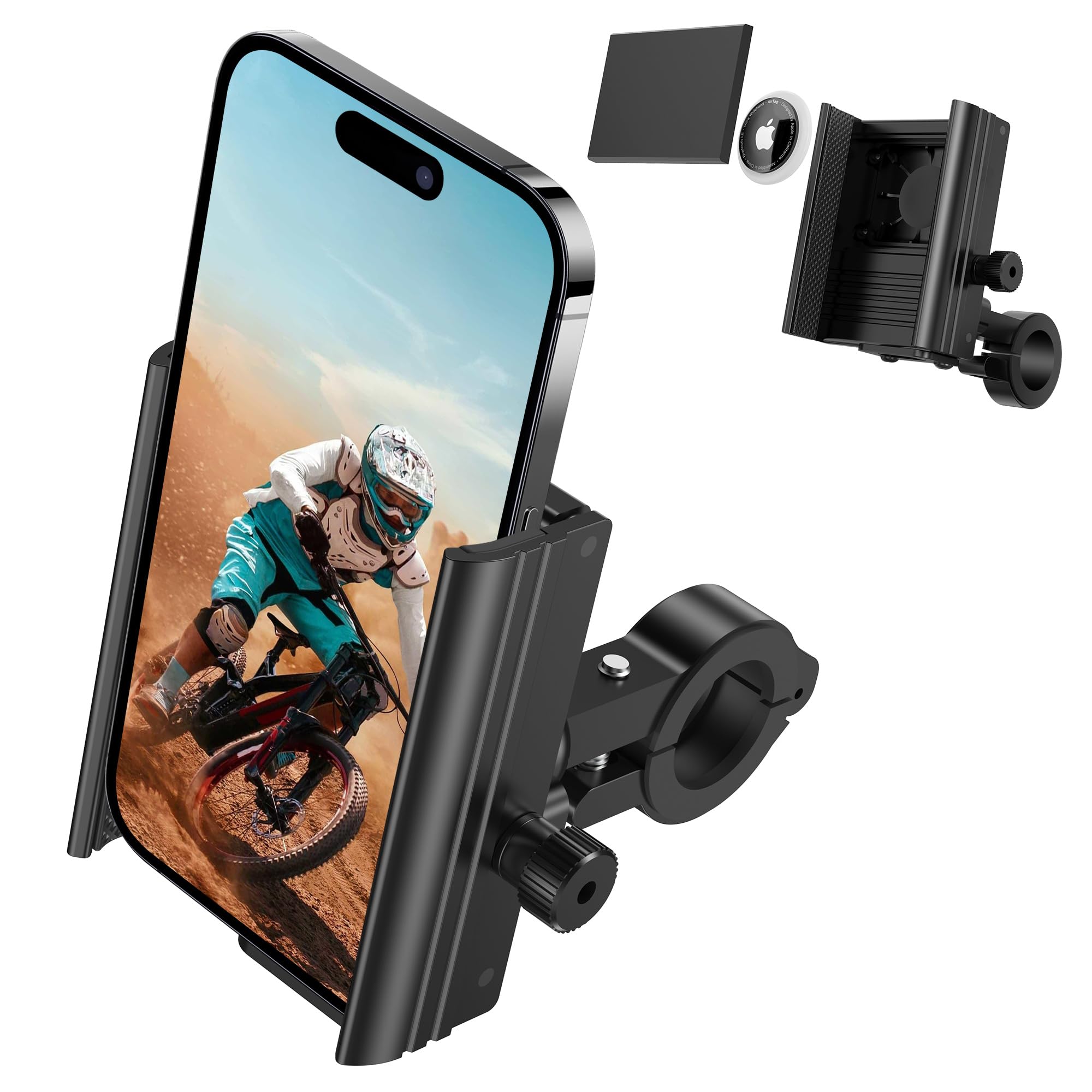 Airtag Bike Phone Mount Hidden Bicycle Phone Mount Compatible with Apple Airtags Anti-Theft Air tag GPS Tracker Motorcycle Handlebar Cell Phone Clamp Scooter Phone Clip with Bluetooth Tracker